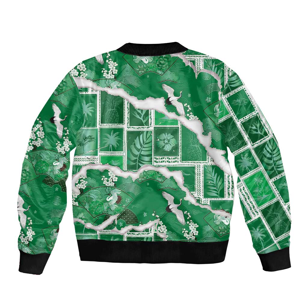 Hawaii Japanese Culture Green Sleeve Zip Bomber Jacket Spring Cranes Aloha Pattern