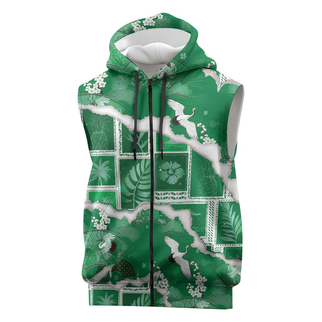 Hawaii Japanese Culture Green Sleeveless Zip Hoodie Spring Cranes Aloha Pattern