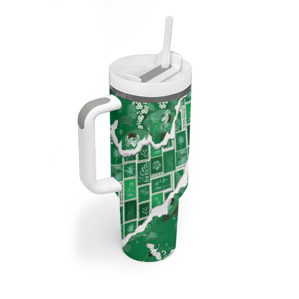 Hawaii Japanese Culture Green Tumbler With Handle Spring Cranes Aloha Pattern