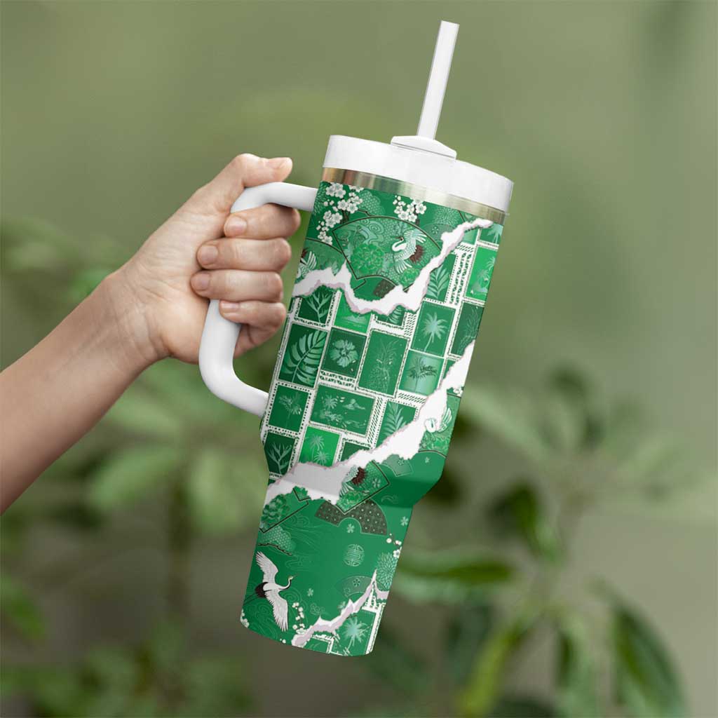 Hawaii Japanese Culture Green Tumbler With Handle Spring Cranes Aloha Pattern