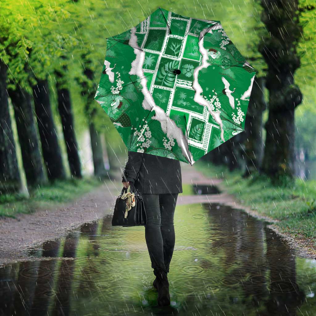 Hawaii Japanese Culture Green Umbrella Spring Cranes Aloha Pattern