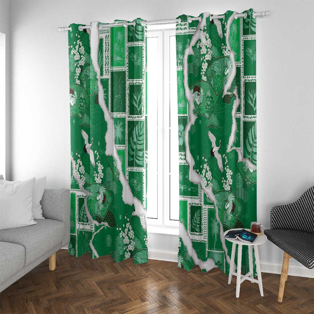 Hawaii Japanese Culture Green Window Curtain Spring Cranes Aloha Pattern