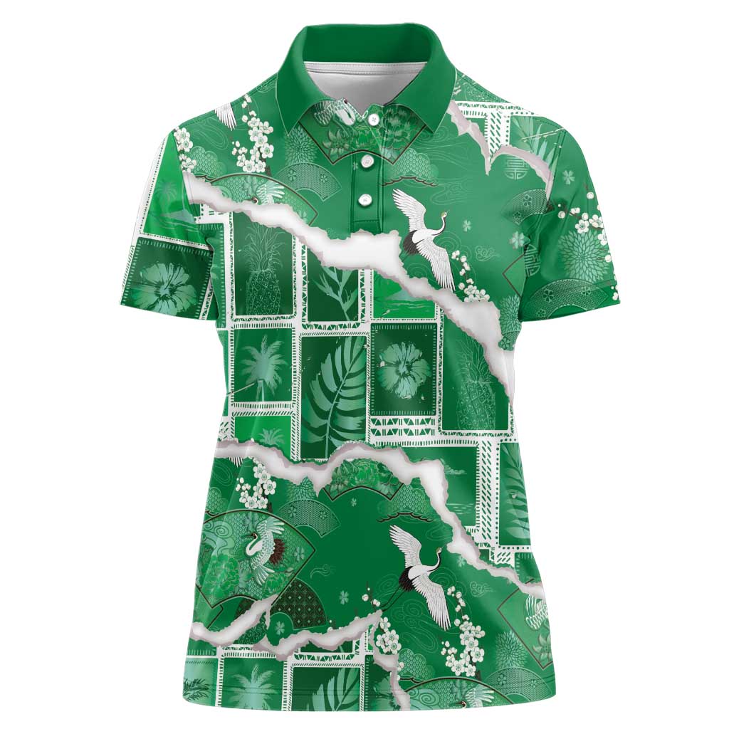 Hawaii Japanese Culture Green Women Polo Shirt Spring Cranes Aloha Pattern