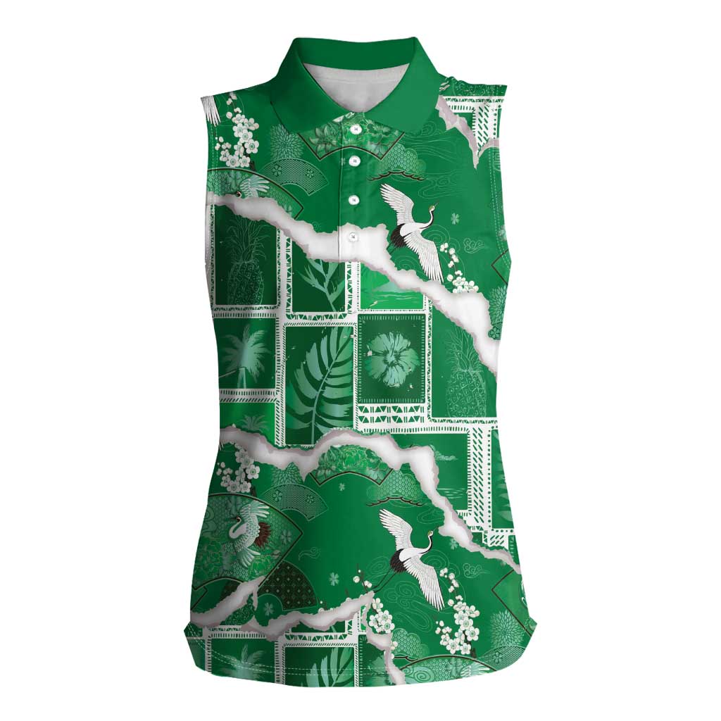 Hawaii Japanese Culture Green Women Sleeveless Polo Shirt Spring Cranes Aloha Pattern