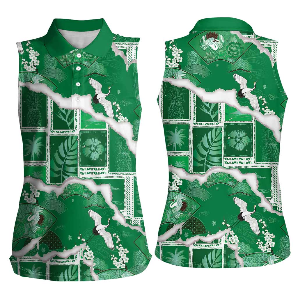 Hawaii Japanese Culture Green Women Sleeveless Polo Shirt Spring Cranes Aloha Pattern