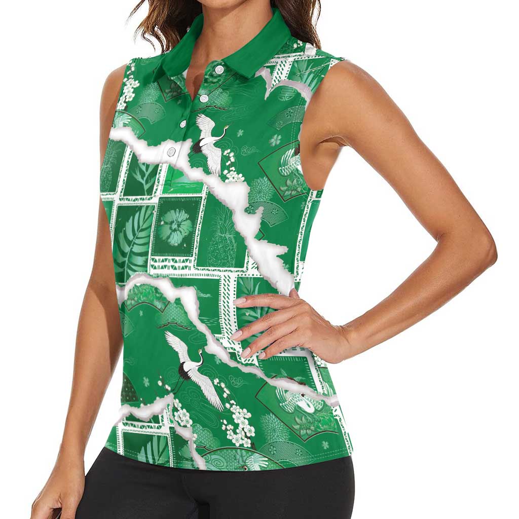 Hawaii Japanese Culture Green Women Sleeveless Polo Shirt Spring Cranes Aloha Pattern