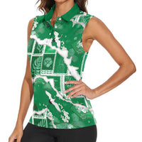 Hawaii Japanese Culture Green Women Sleeveless Polo Shirt Spring Cranes Aloha Pattern