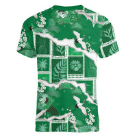 Hawaii Japanese Culture Green Women V-Neck T-Shirt Spring Cranes Aloha Pattern