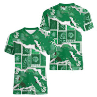 Hawaii Japanese Culture Green Women V-Neck T-Shirt Spring Cranes Aloha Pattern