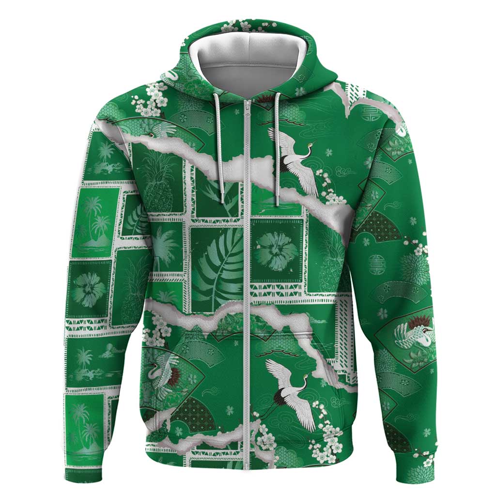 Hawaii Japanese Culture Green Zip Hoodie Spring Cranes Aloha Pattern