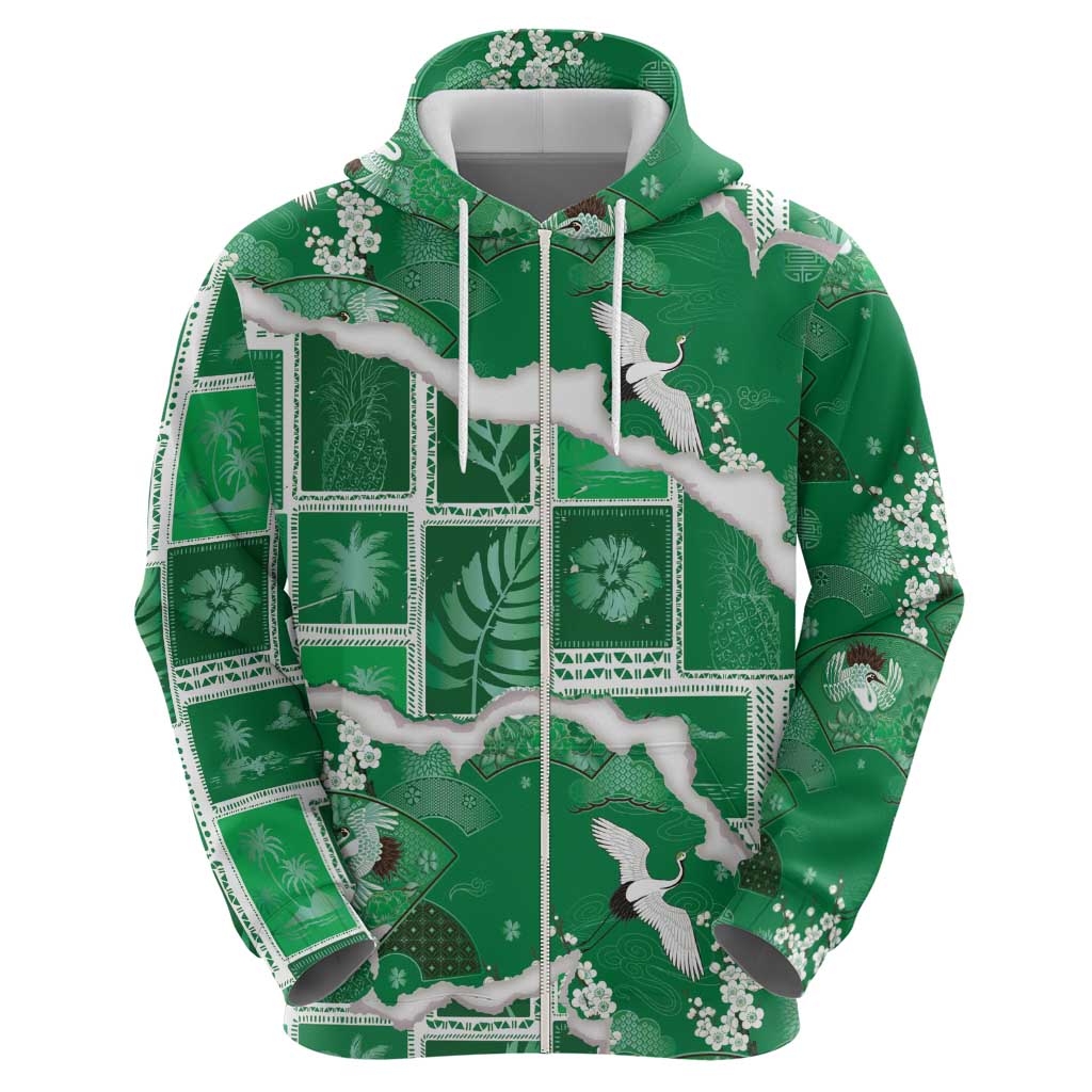 Hawaii Japanese Culture Green Zip Hoodie Spring Cranes Aloha Pattern