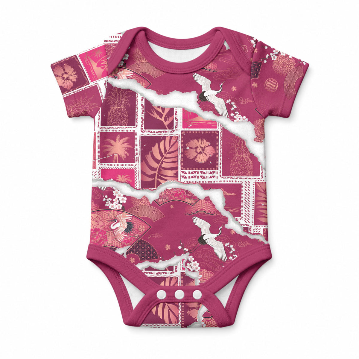 Hawaii Japanese Culture Pink Baby Onesie Spring Cranes Aloha Pattern LT01 Pink - Polynesian Pride