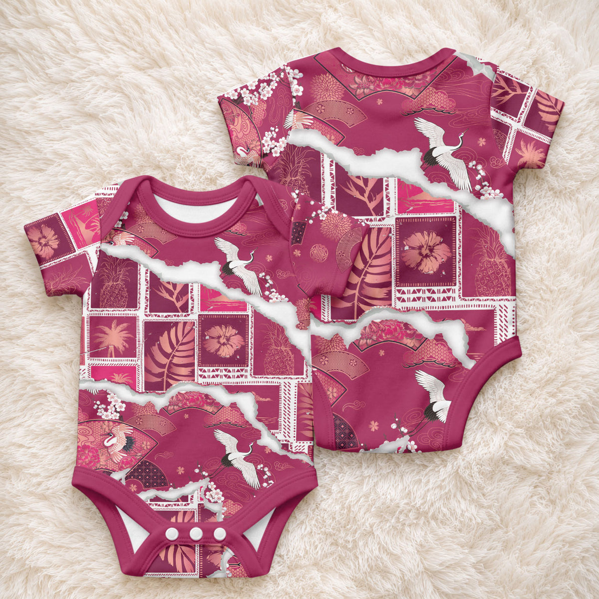 Hawaii Japanese Culture Pink Baby Onesie Spring Cranes Aloha Pattern LT01 - Polynesian Pride