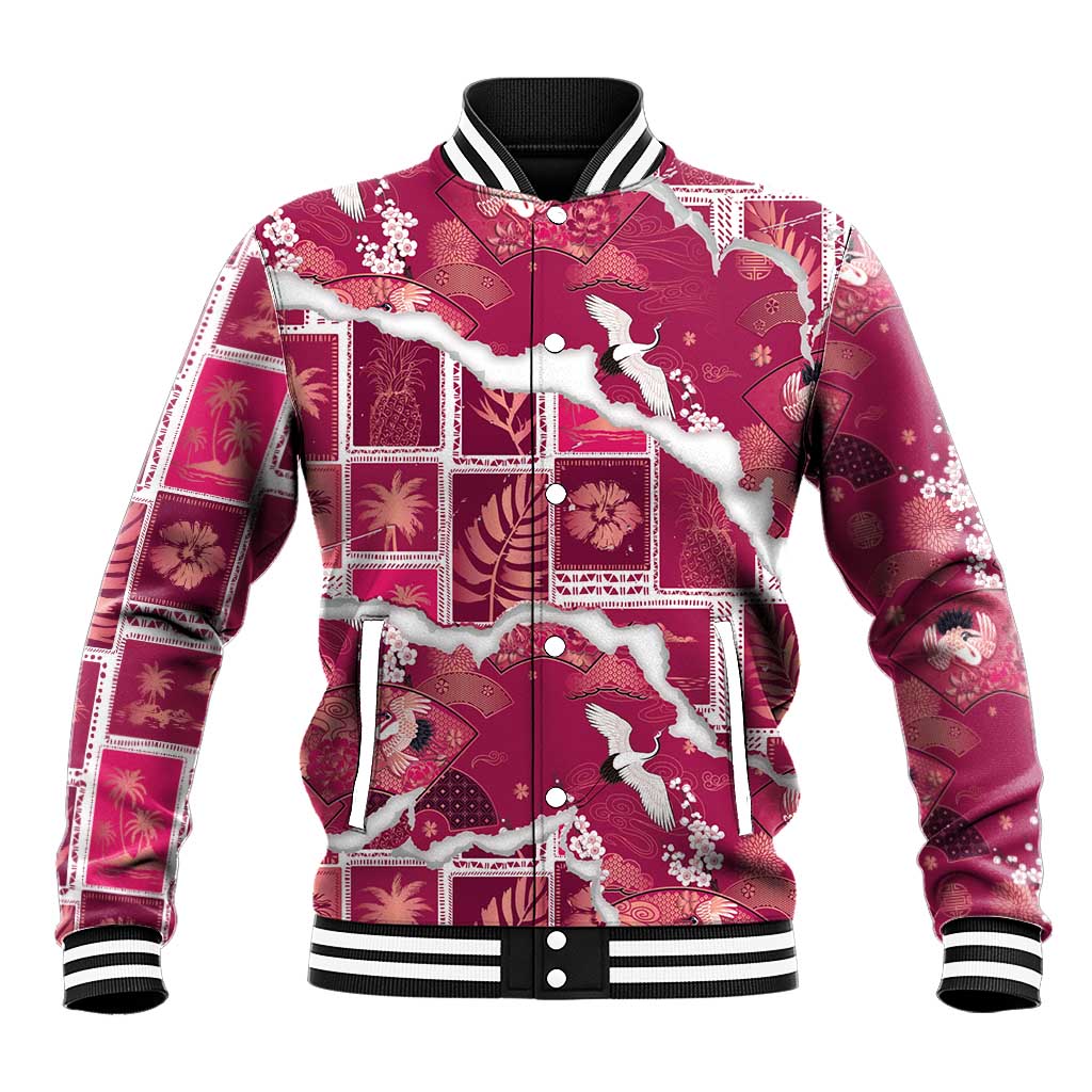 Hawaii Japanese Culture Pink Baseball Jacket Spring Cranes Aloha Pattern