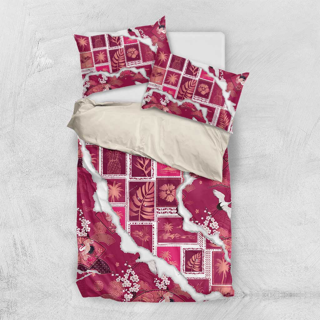 Hawaii Japanese Culture Pink Bedding Set Spring Cranes Aloha Pattern