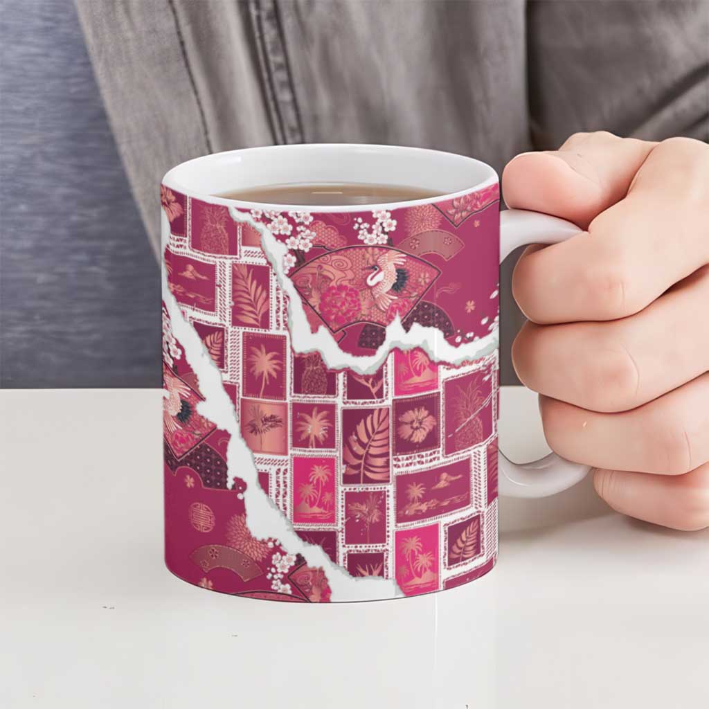 Hawaii Japanese Culture Pink Ceramic Mug Spring Cranes Aloha Pattern