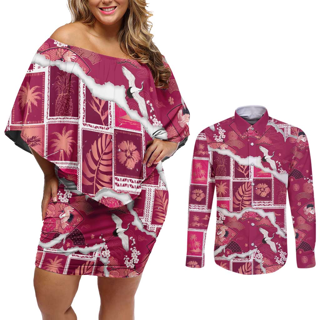 Hawaii Japanese Culture Pink Couples Matching Off Shoulder Short Dress and Long Sleeve Button Shirt Spring Cranes Aloha Pattern