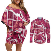 Hawaii Japanese Culture Pink Couples Matching Off Shoulder Short Dress and Long Sleeve Button Shirt Spring Cranes Aloha Pattern