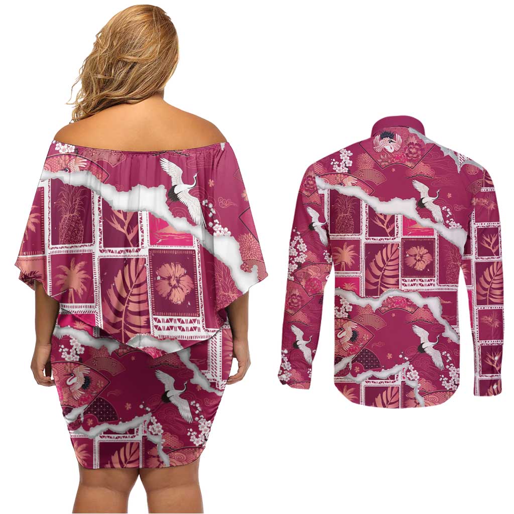 Hawaii Japanese Culture Pink Couples Matching Off Shoulder Short Dress and Long Sleeve Button Shirt Spring Cranes Aloha Pattern