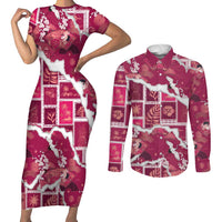 Hawaii Japanese Culture Pink Couples Matching Short Sleeve Bodycon Dress and Long Sleeve Button Shirt Spring Cranes Aloha Pattern
