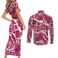 Hawaii Japanese Culture Pink Couples Matching Short Sleeve Bodycon Dress and Long Sleeve Button Shirt Spring Cranes Aloha Pattern