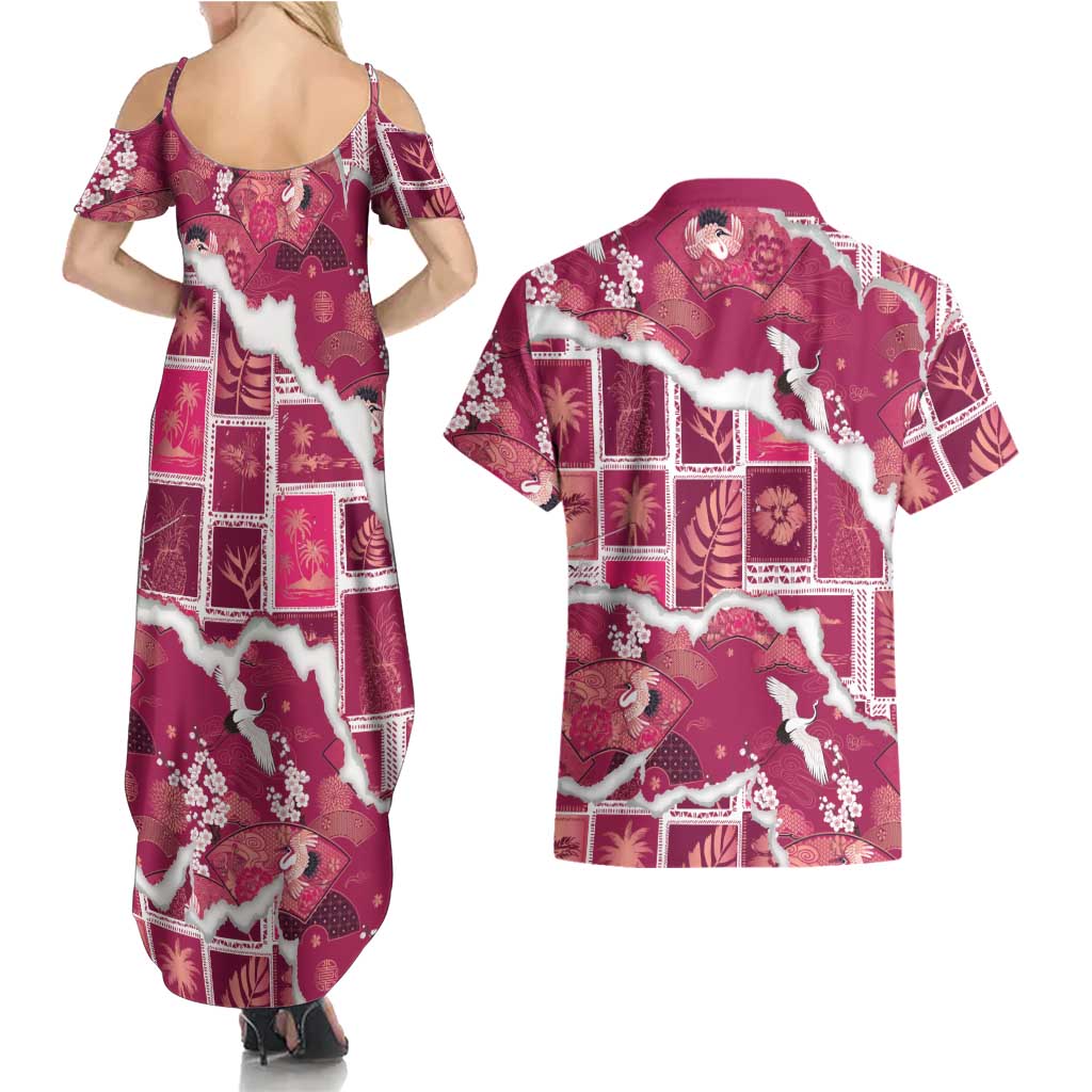 Hawaii Japanese Culture Pink Couples Matching Summer Maxi Dress and Hawaiian Shirt Spring Cranes Aloha Pattern