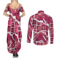 Hawaii Japanese Culture Pink Couples Matching Summer Maxi Dress and Long Sleeve Button Shirt Spring Cranes Aloha Pattern
