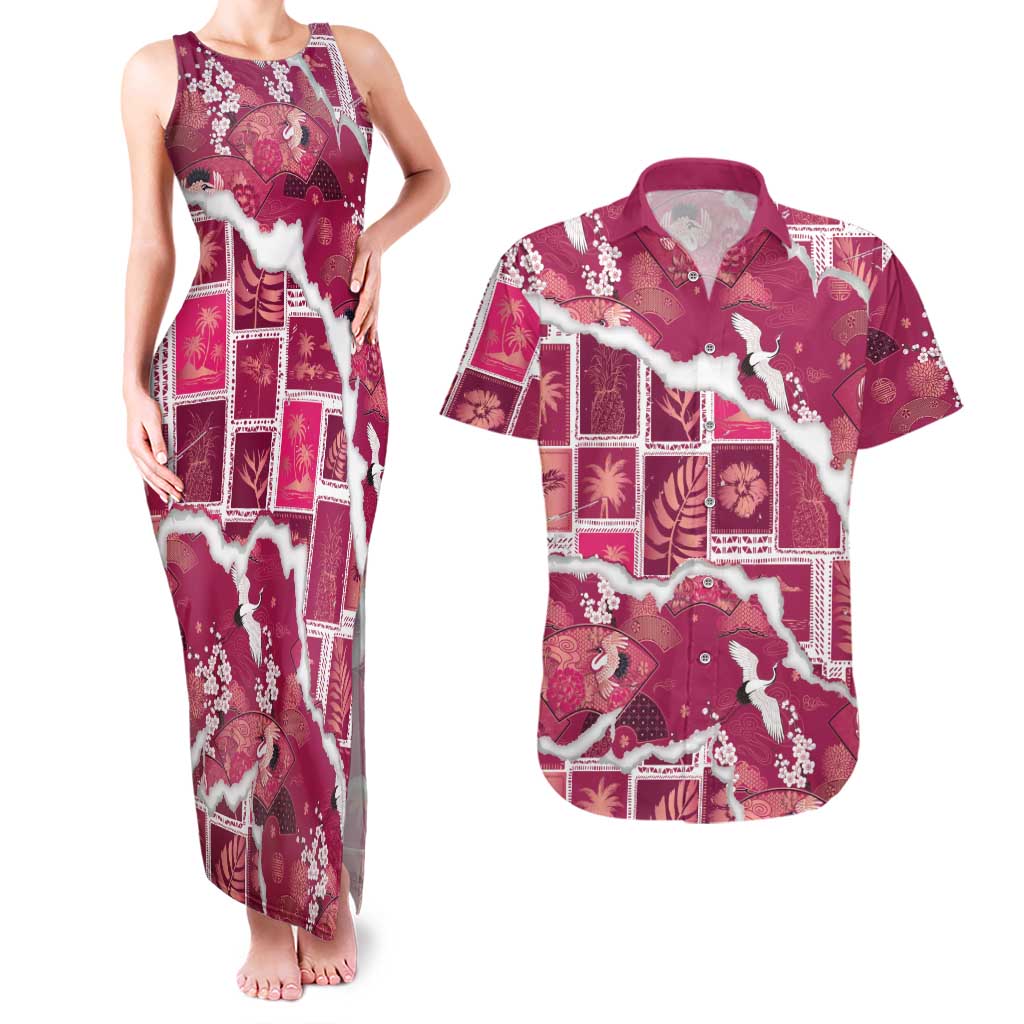 Hawaii Japanese Culture Pink Couples Matching Tank Maxi Dress and Hawaiian Shirt Spring Cranes Aloha Pattern