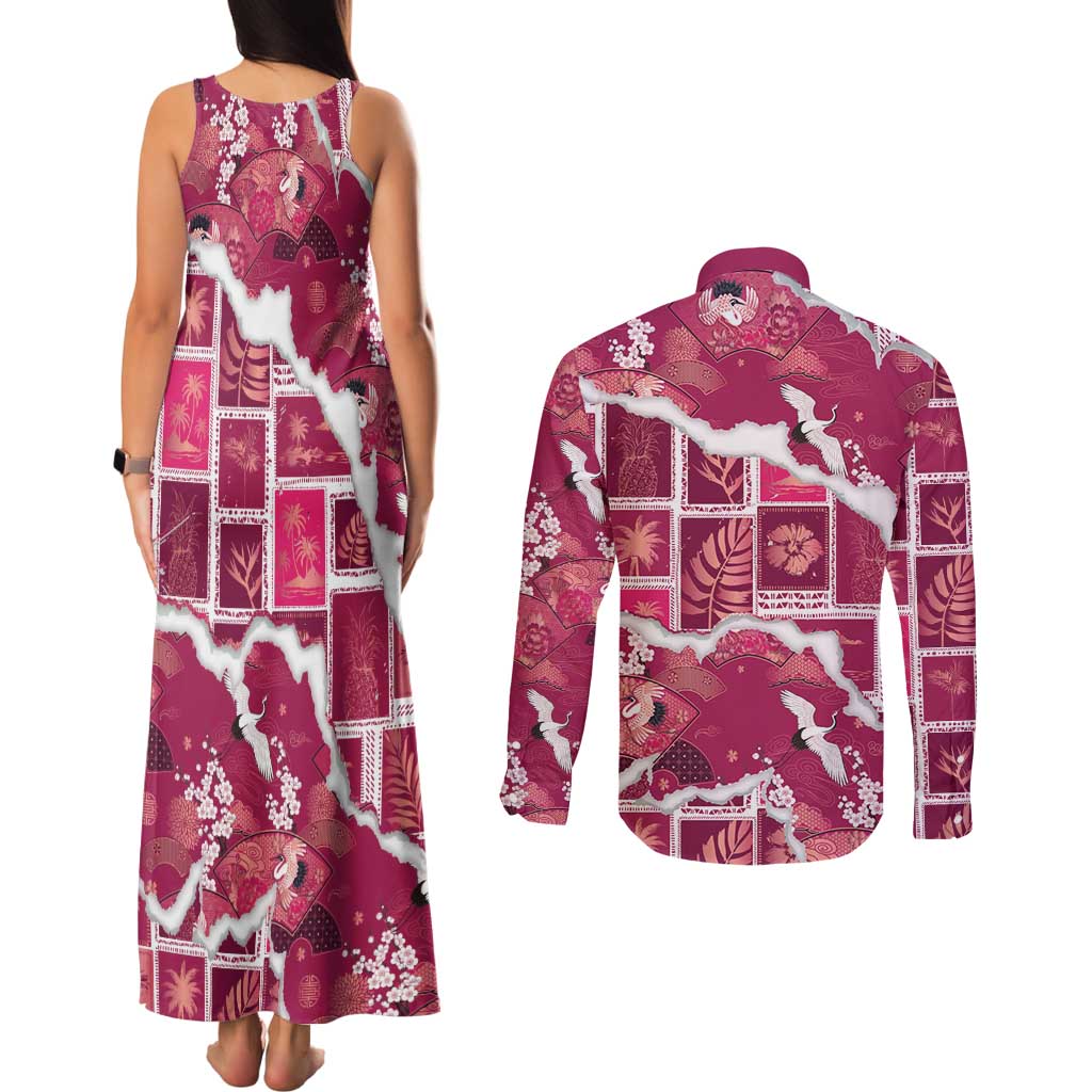 Hawaii Japanese Culture Pink Couples Matching Tank Maxi Dress and Long Sleeve Button Shirt Spring Cranes Aloha Pattern