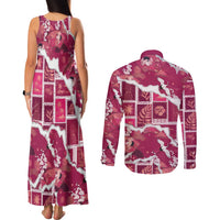 Hawaii Japanese Culture Pink Couples Matching Tank Maxi Dress and Long Sleeve Button Shirt Spring Cranes Aloha Pattern