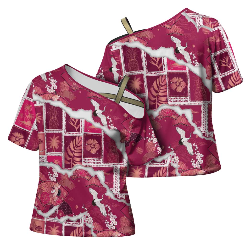 Hawaii Japanese Culture Pink Cross Shoulder Shirt Spring Cranes Aloha Pattern