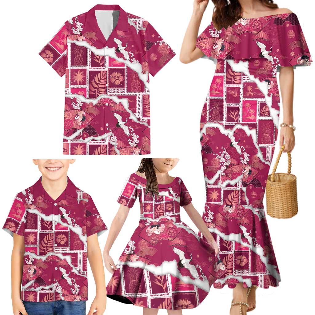 Hawaii Japanese Culture Pink Family Matching Mermaid Dress and Hawaiian Shirt Spring Cranes Aloha Pattern