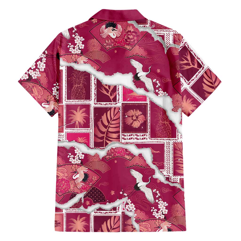 Hawaii Japanese Culture Pink Family Matching Off The Shoulder Long Sleeve Dress and Hawaiian Shirt Spring Cranes Aloha Pattern LT01 - Polynesian Pride