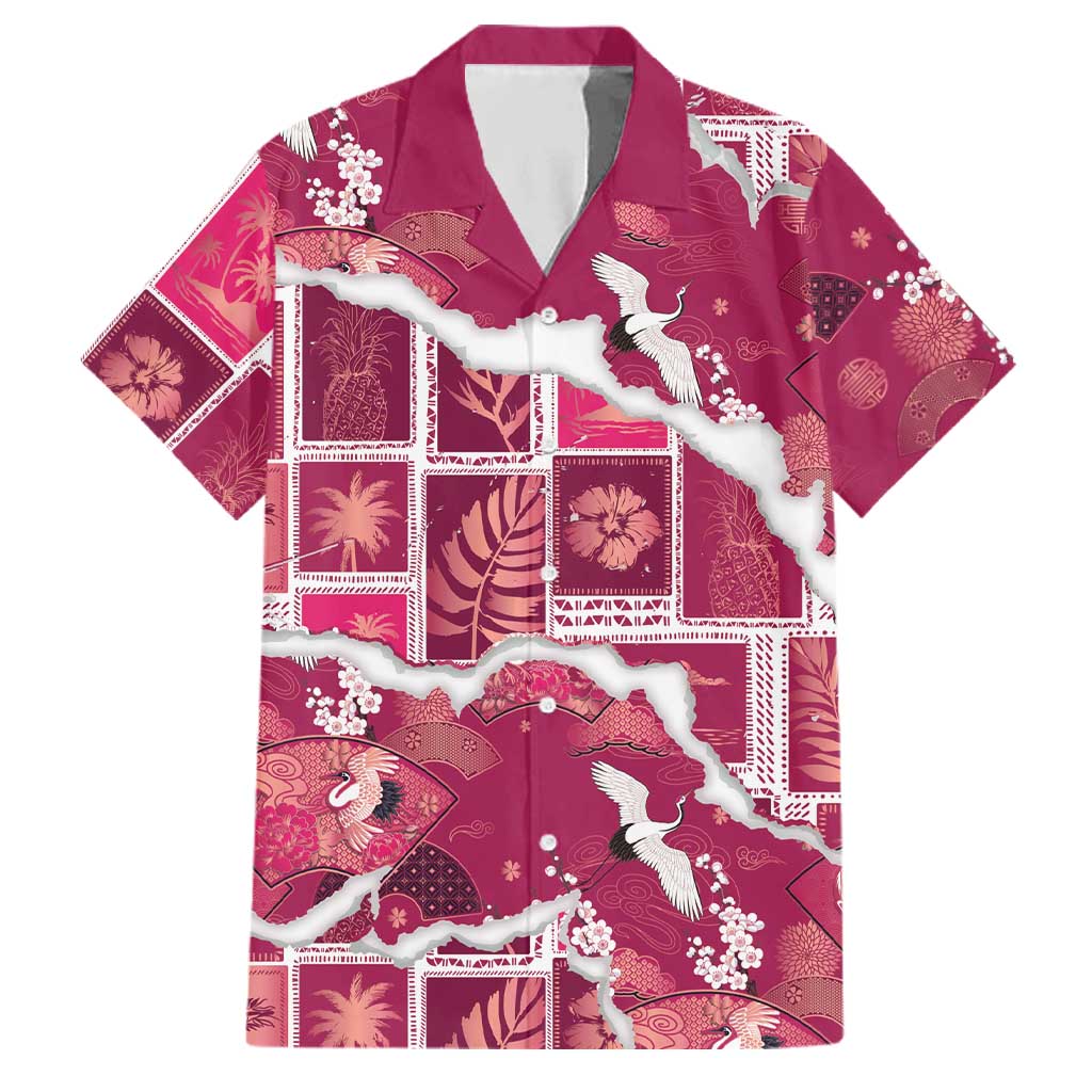 Hawaii Japanese Culture Pink Family Matching Off Shoulder Maxi Dress and Hawaiian Shirt Spring Cranes Aloha Pattern
