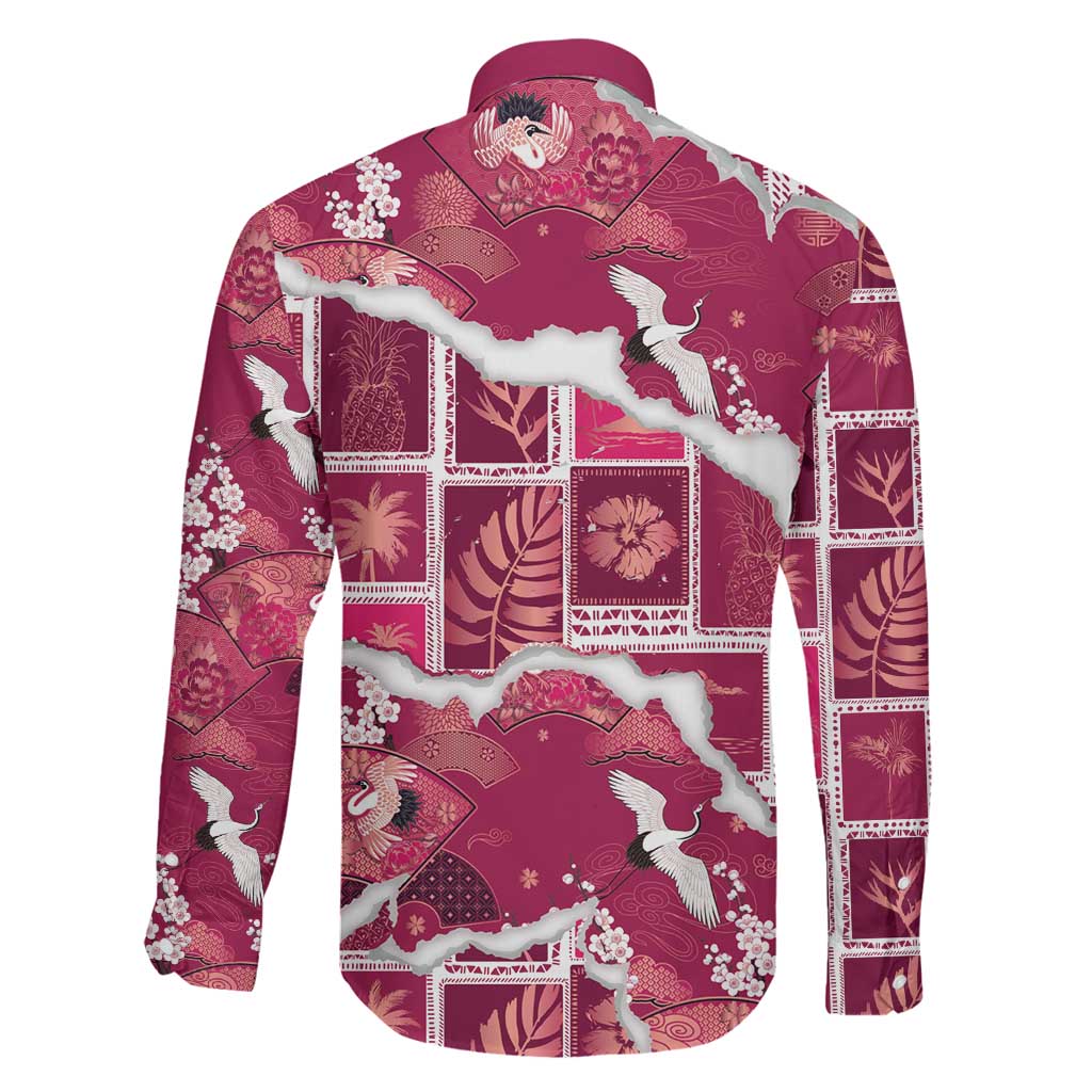 Hawaii Japanese Culture Pink Family Matching Off Shoulder Maxi Dress and Hawaiian Shirt Spring Cranes Aloha Pattern
