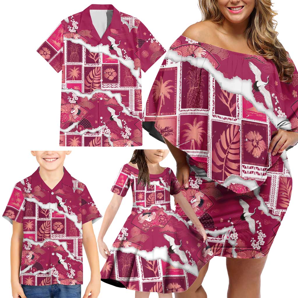 Hawaii Japanese Culture Pink Family Matching Off Shoulder Short Dress and Hawaiian Shirt Spring Cranes Aloha Pattern