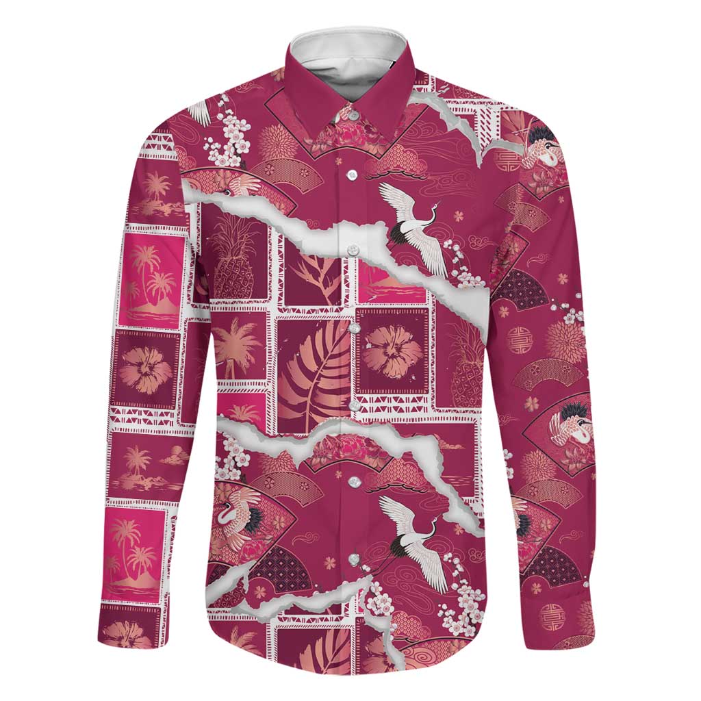 Hawaii Japanese Culture Pink Family Matching Off Shoulder Short Dress and Hawaiian Shirt Spring Cranes Aloha Pattern