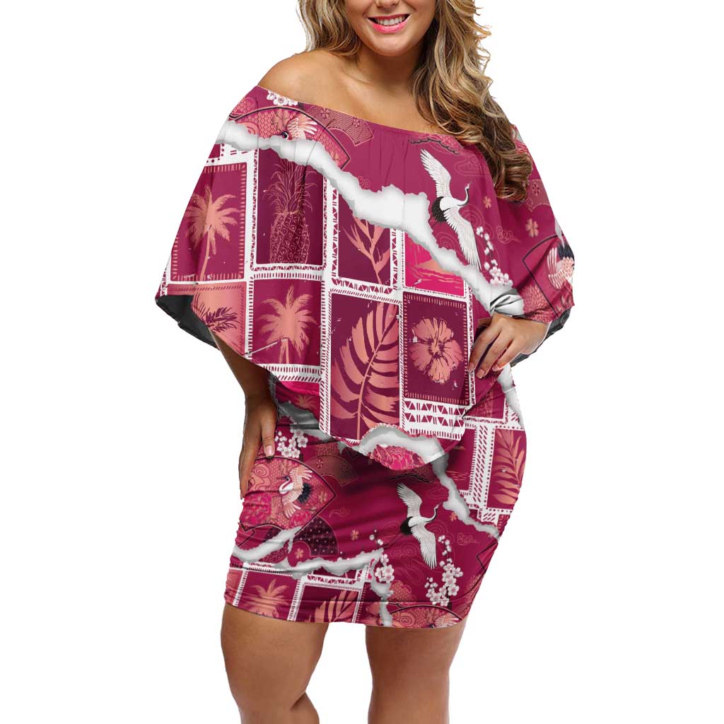 Hawaii Japanese Culture Pink Family Matching Off Shoulder Short Dress and Hawaiian Shirt Spring Cranes Aloha Pattern
