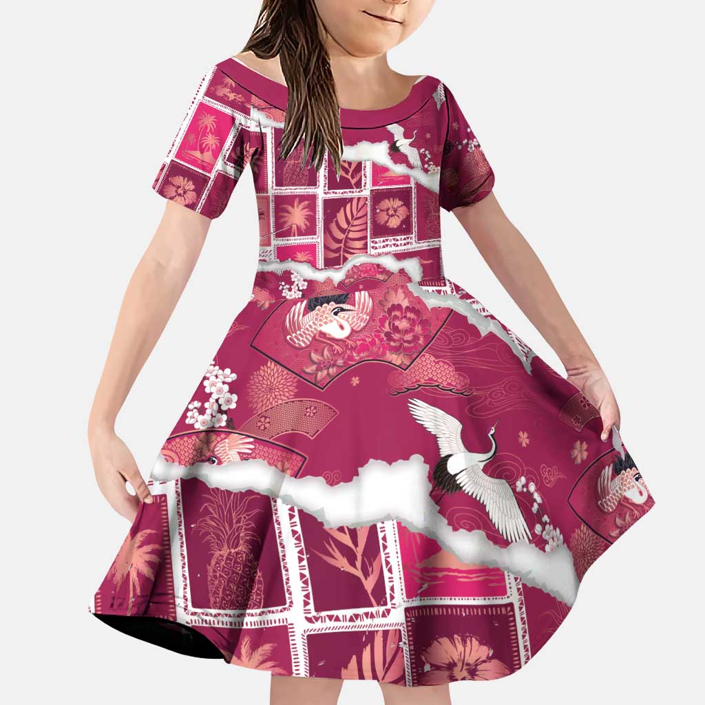 Hawaii Japanese Culture Pink Family Matching Puletasi and Hawaiian Shirt Spring Cranes Aloha Pattern