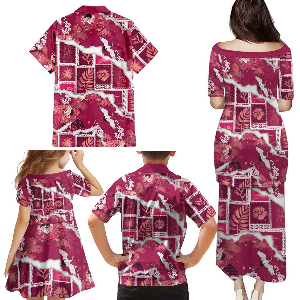 Hawaii Japanese Culture Pink Family Matching Puletasi and Hawaiian Shirt Spring Cranes Aloha Pattern