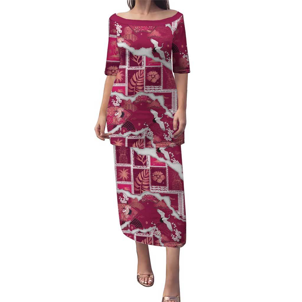 Hawaii Japanese Culture Pink Family Matching Puletasi and Hawaiian Shirt Spring Cranes Aloha Pattern