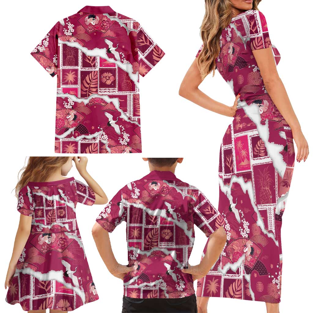 Hawaii Japanese Culture Pink Family Matching Short Sleeve Bodycon Dress and Hawaiian Shirt Spring Cranes Aloha Pattern LT01 - Polynesian Pride