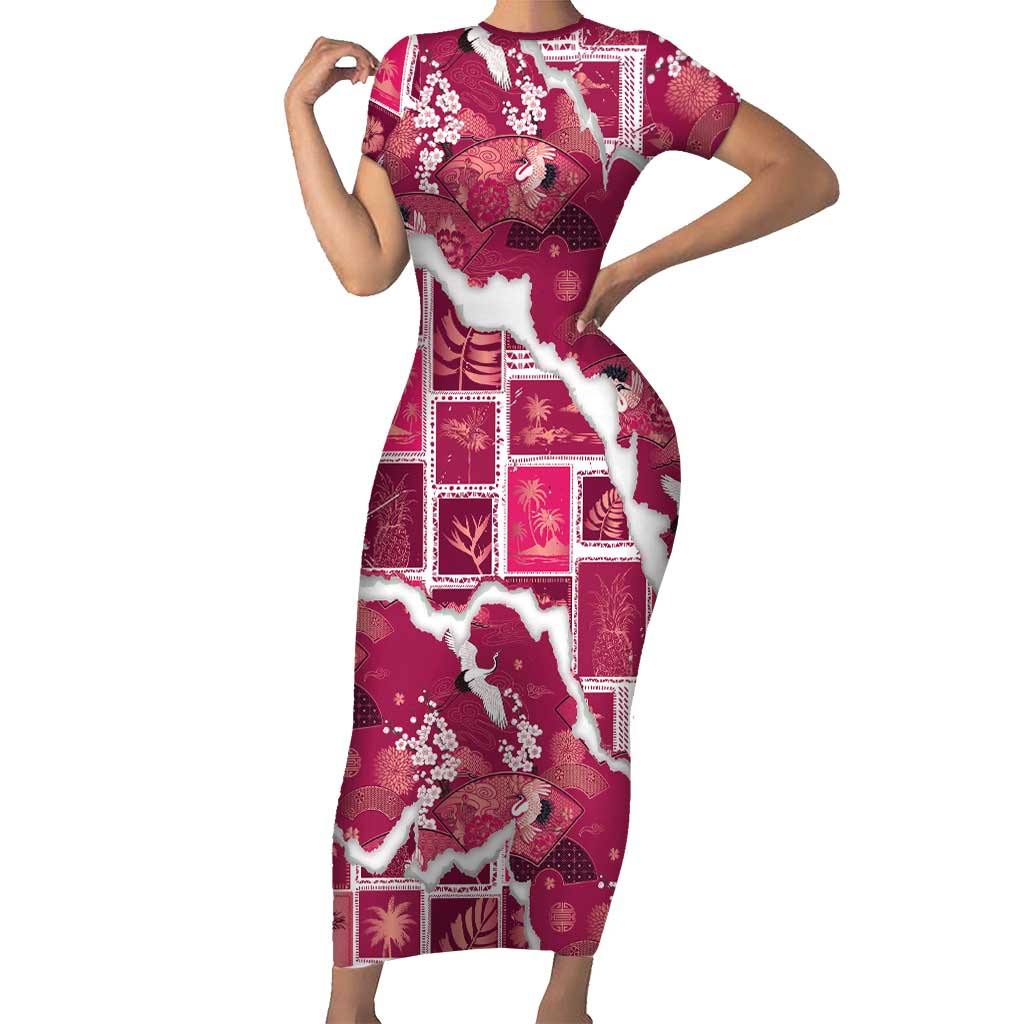 Hawaii Japanese Culture Pink Family Matching Short Sleeve Bodycon Dress and Hawaiian Shirt Spring Cranes Aloha Pattern LT01 Mom's Dress Pink - Polynesian Pride