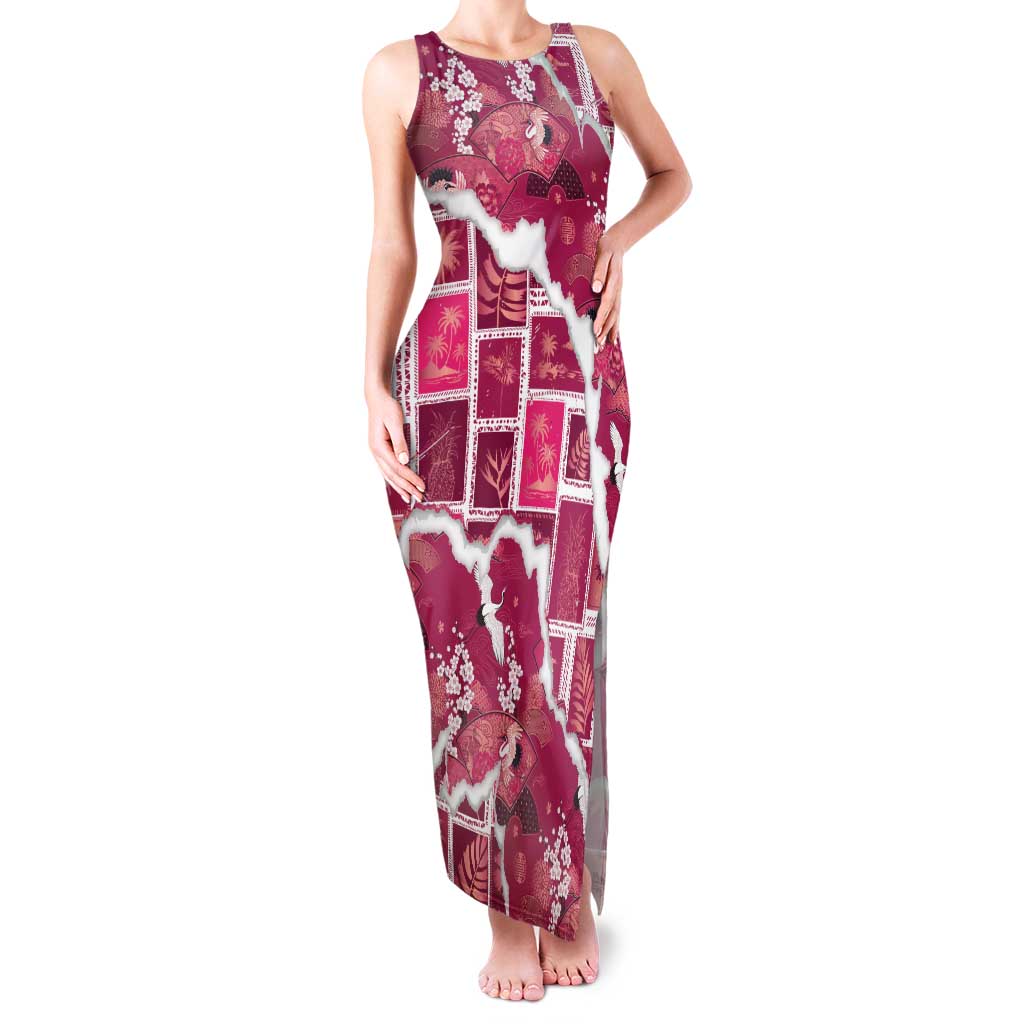 Hawaii Japanese Culture Pink Family Matching Tank Maxi Dress and Hawaiian Shirt Spring Cranes Aloha Pattern LT01 Mom's Dress Pink - Polynesian Pride