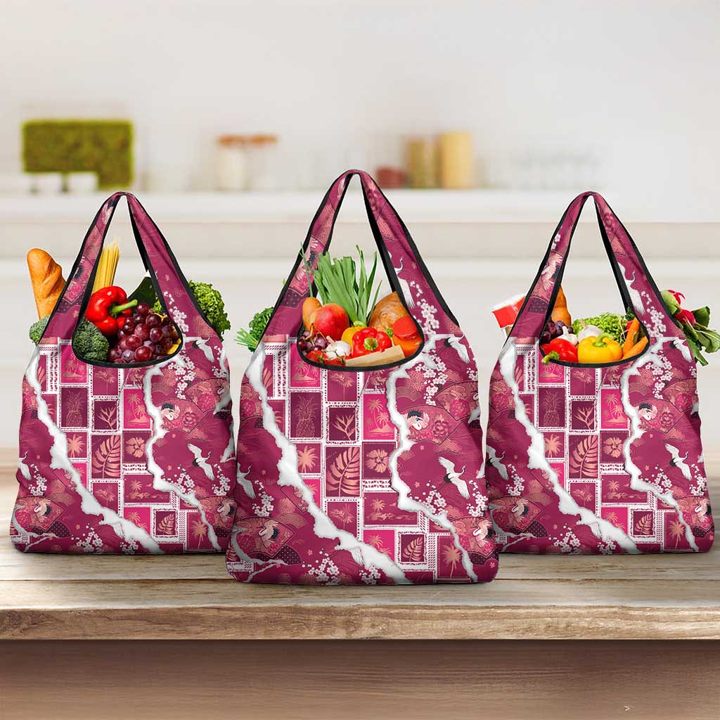 Hawaii Japanese Culture Pink Grocery Bag Spring Cranes Aloha Pattern
