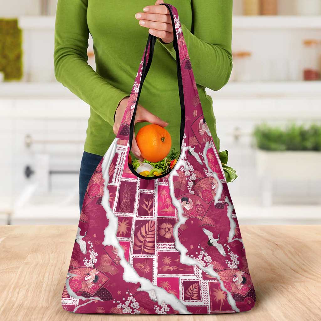 Hawaii Japanese Culture Pink Grocery Bag Spring Cranes Aloha Pattern