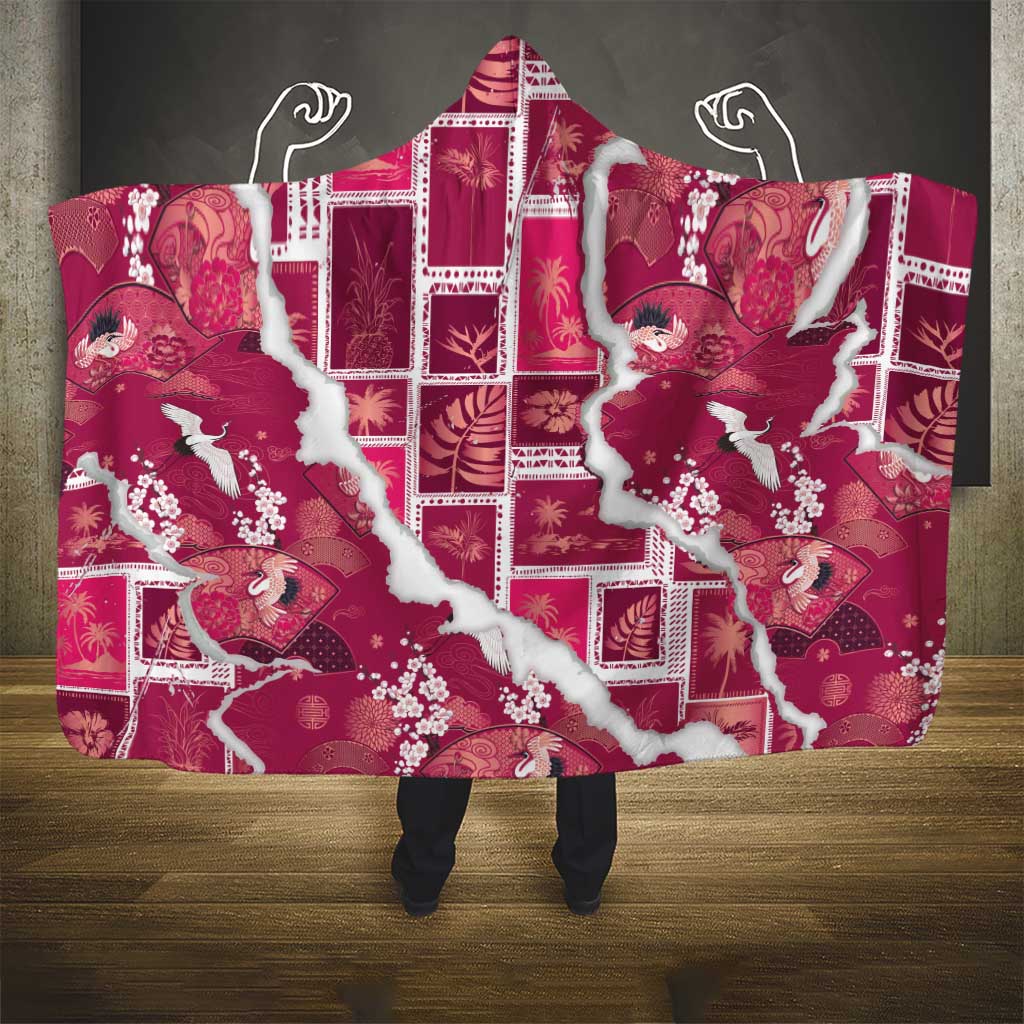 Hawaii Japanese Culture Pink Hooded Blanket Spring Cranes Aloha Pattern