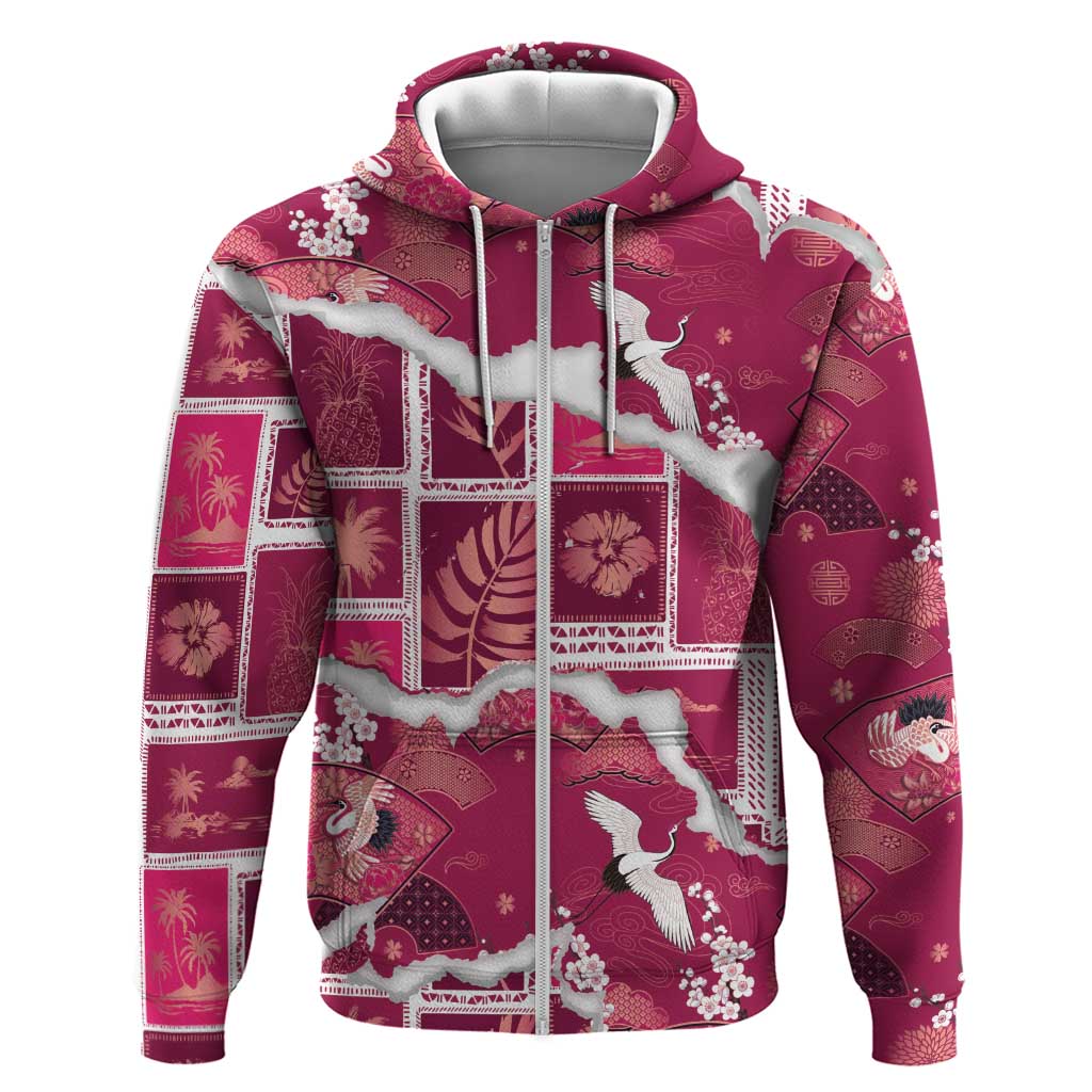 Hawaii Japanese Culture Pink Hoodie Spring Cranes Aloha Pattern