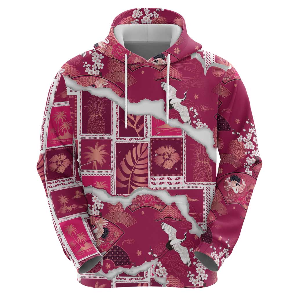 Hawaii Japanese Culture Pink Hoodie Spring Cranes Aloha Pattern
