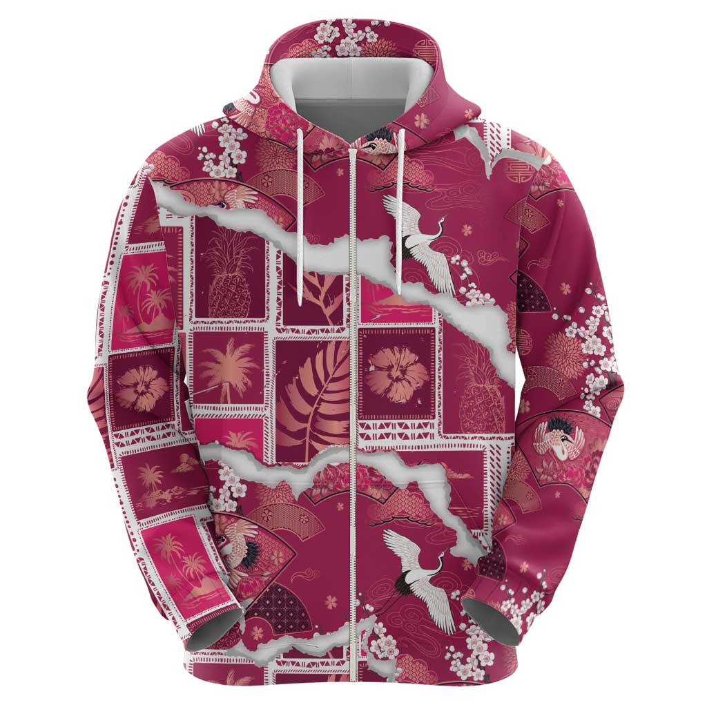 Hawaii Japanese Culture Pink Hoodie Spring Cranes Aloha Pattern